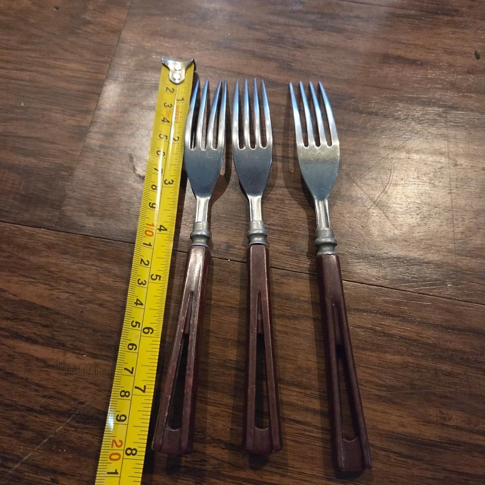 Vintage Mid Century Modern Stainless Forks Set of 3 Brown Cutout Handles 7.75in